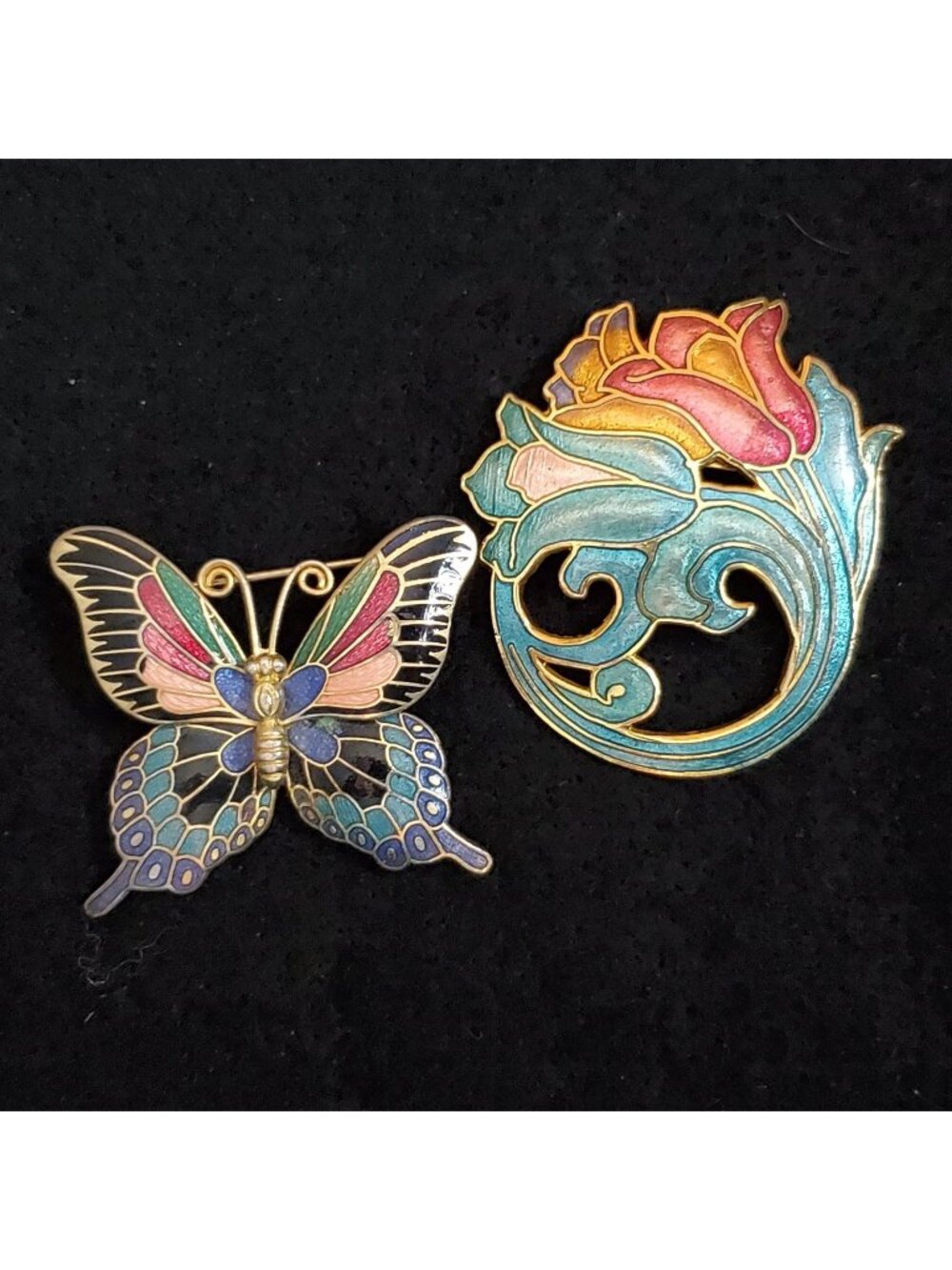 Vintage Cloisonne Brooch Lot Butterfly Flowers Floral 1.75"